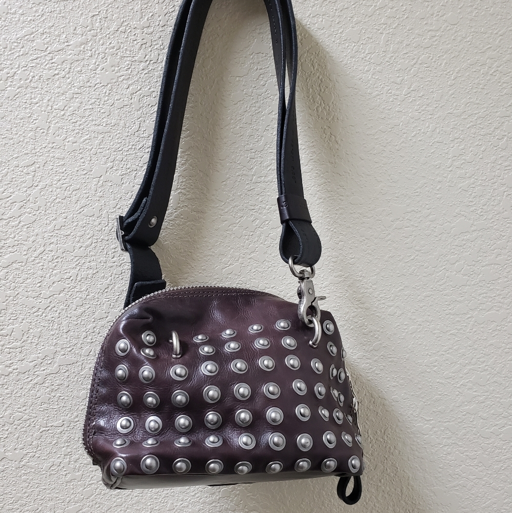 A.S.98 Leather Eggplant Studded Shoulder Handbag
